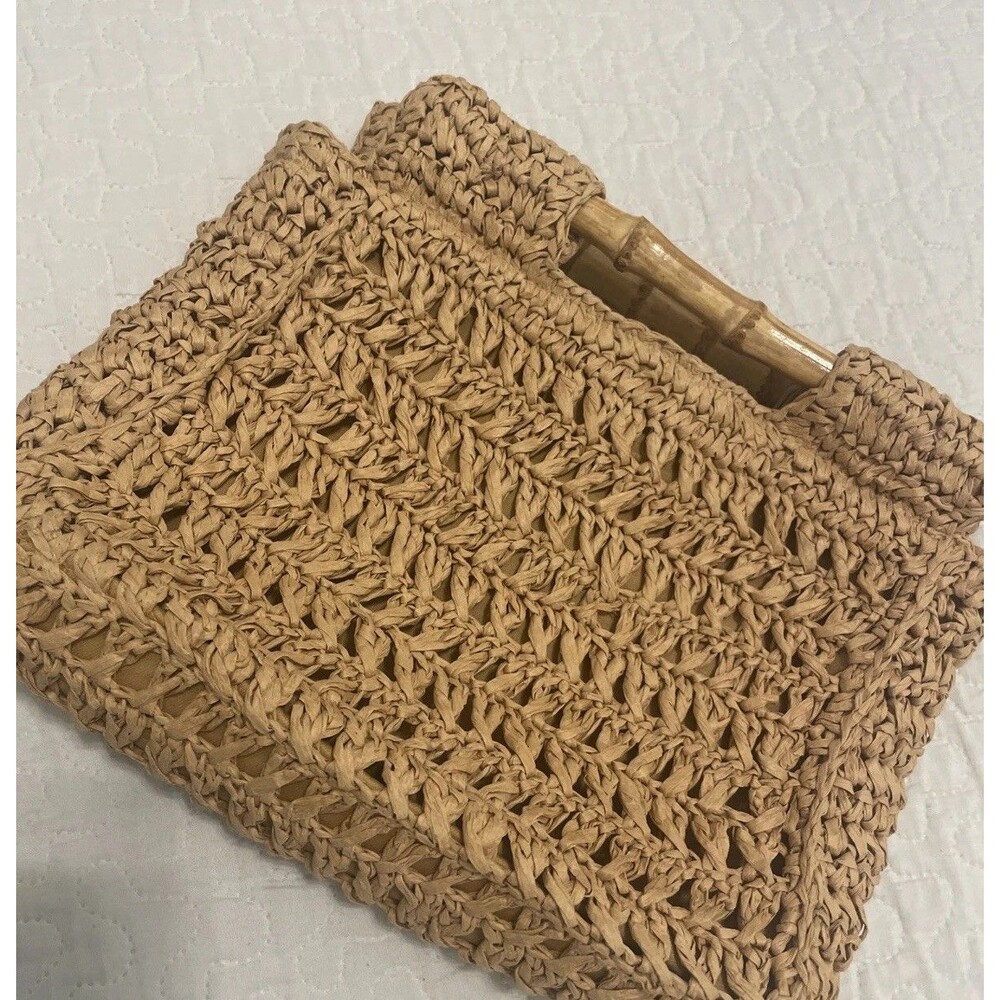 Straw Studios Woven Straw Clutch Tote Bag with Bamboo Handles Beige Handbag